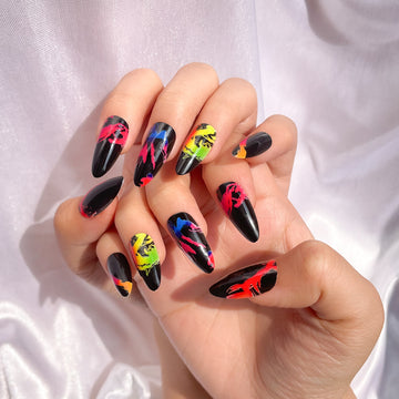 OPOOLA Almond Press on Nails Medium,Crack printing,OPOOLA Rainbow Jelly Soft Gel Fake Nails for Women Fit Natural,  Stick on Nails Reusable, 24pcs False Nails with Design Glue Art Kit
